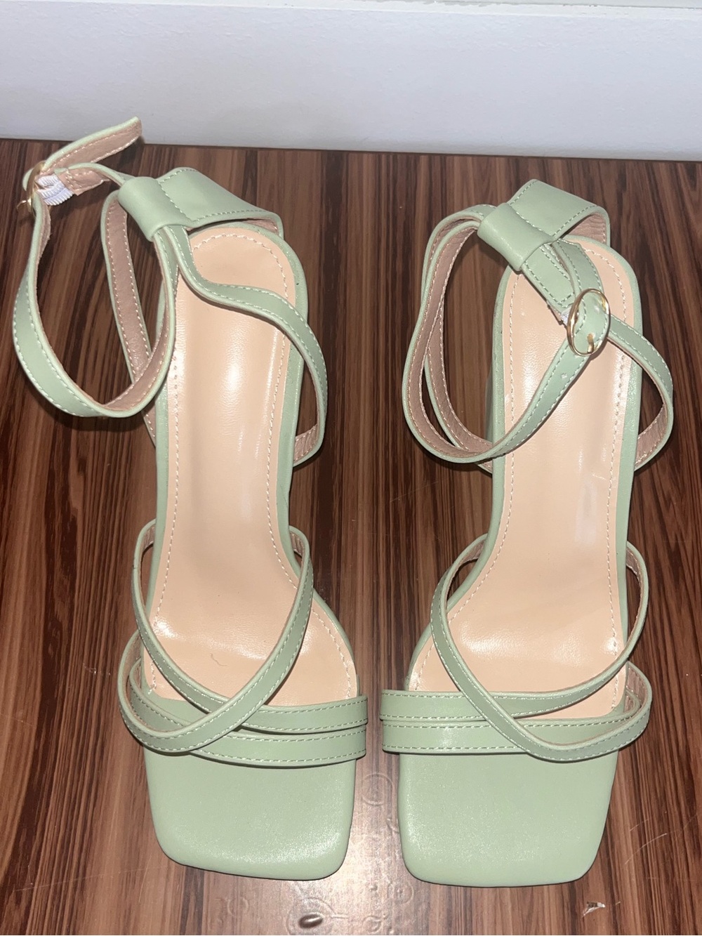 Women’s Strappy Square-Toe Ankle Strap Sandals in Sage Green - Picture 1 of 5